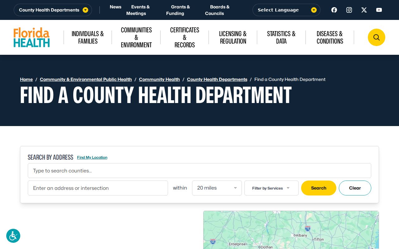 Florida phone directory locator for county health departments