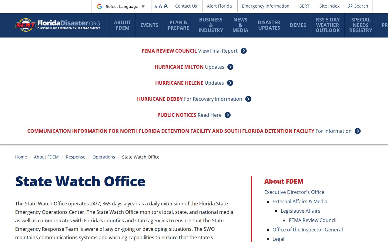 Florida phone directory contact for the FDEM State Watch Office