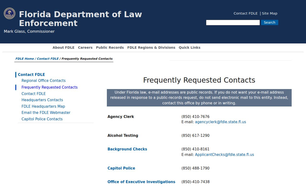 Florida phone directory listing of FDLE commonly requested contacts