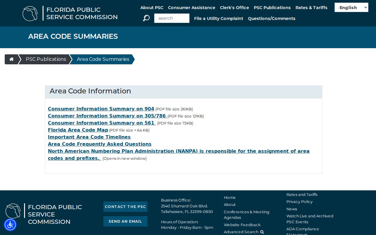 Florida phone directory reference showing PSC area-code summaries