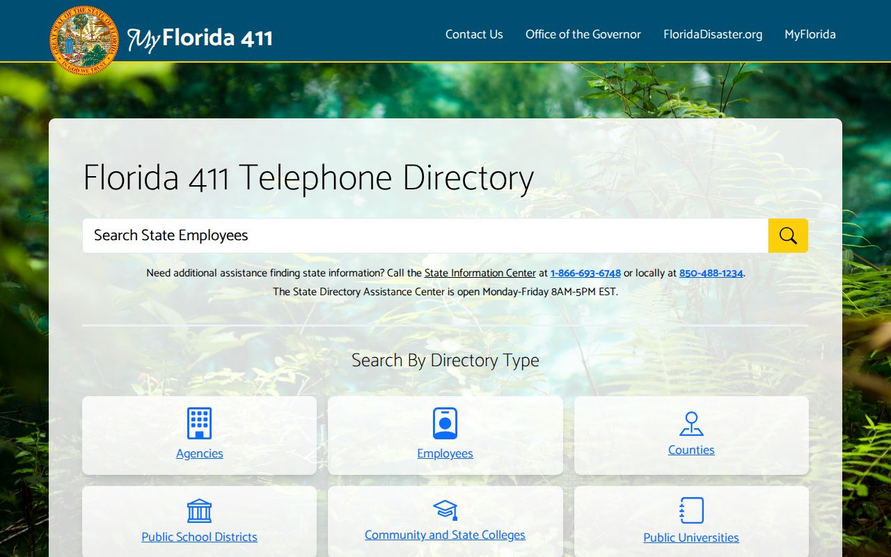 Florida phone directory search box and category tiles on Florida 411