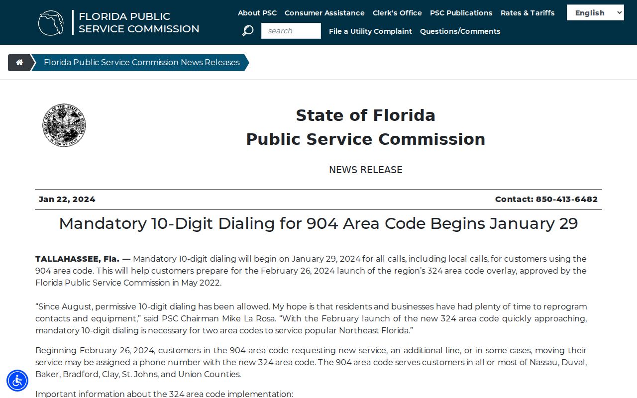 Florida phone area codes news release on the 904 and 324 overlay