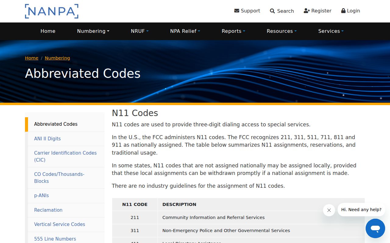 Florida phone codes reference for N11 abbreviated codes at NANPA
