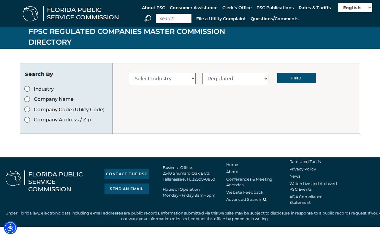 Florida phone numbers lookup in the PSC regulated company directory